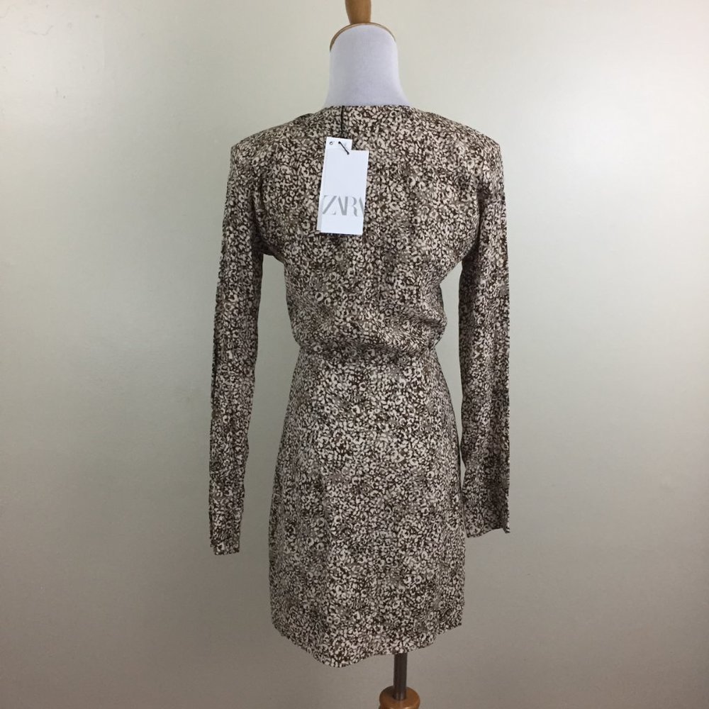 NWT ZARA Beige Brown Ivory Printed Front Overlay Long Sleeve Lined Dress - Picture 7 of 9